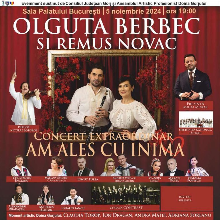 Olguța Berbec și Remus Novac. Concert Extraordinar „AM ALES CU INIMA”, la Sala Palatului